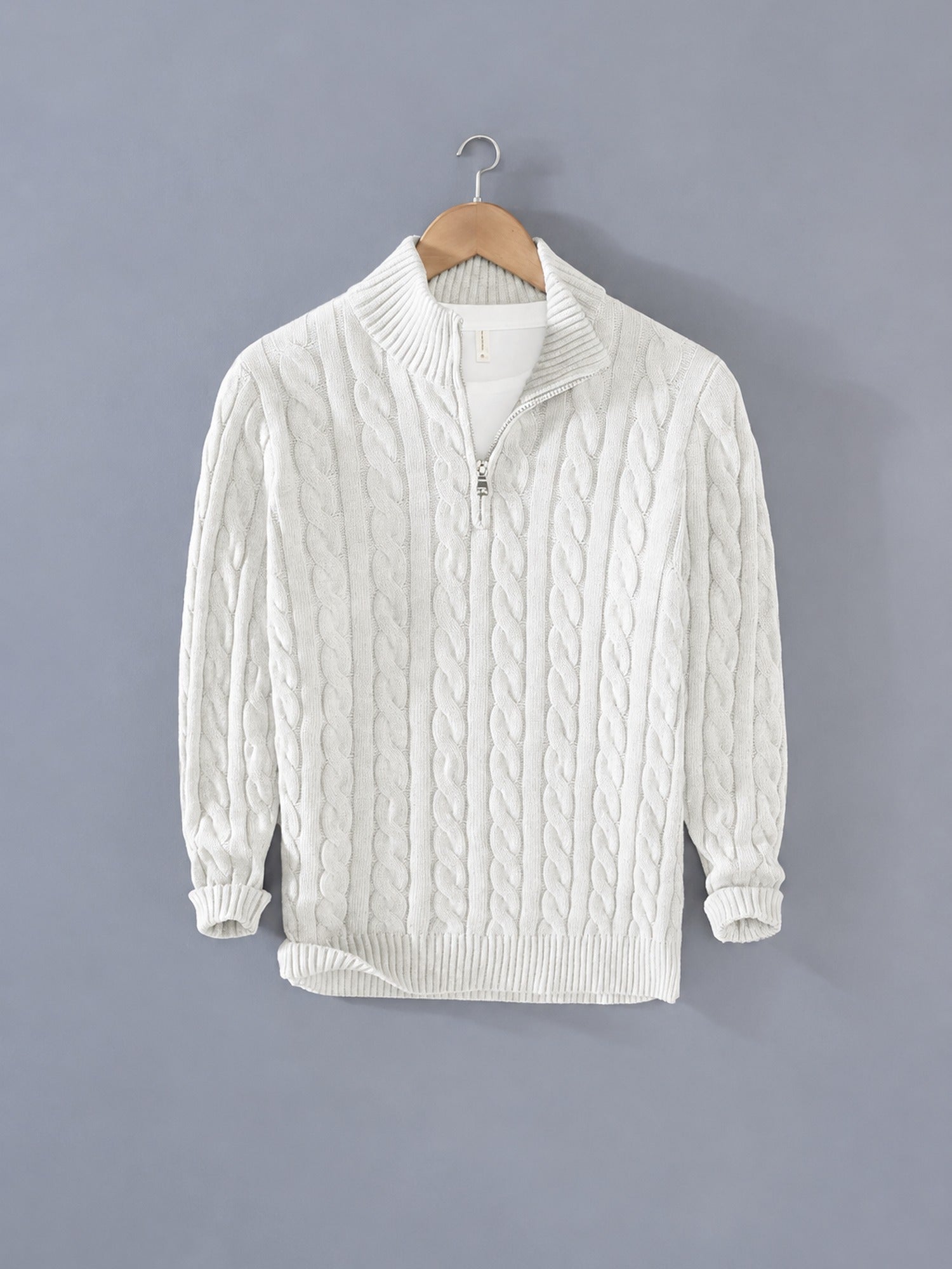 Cable Knit Quarter-Zip Sweater – Men – White – front